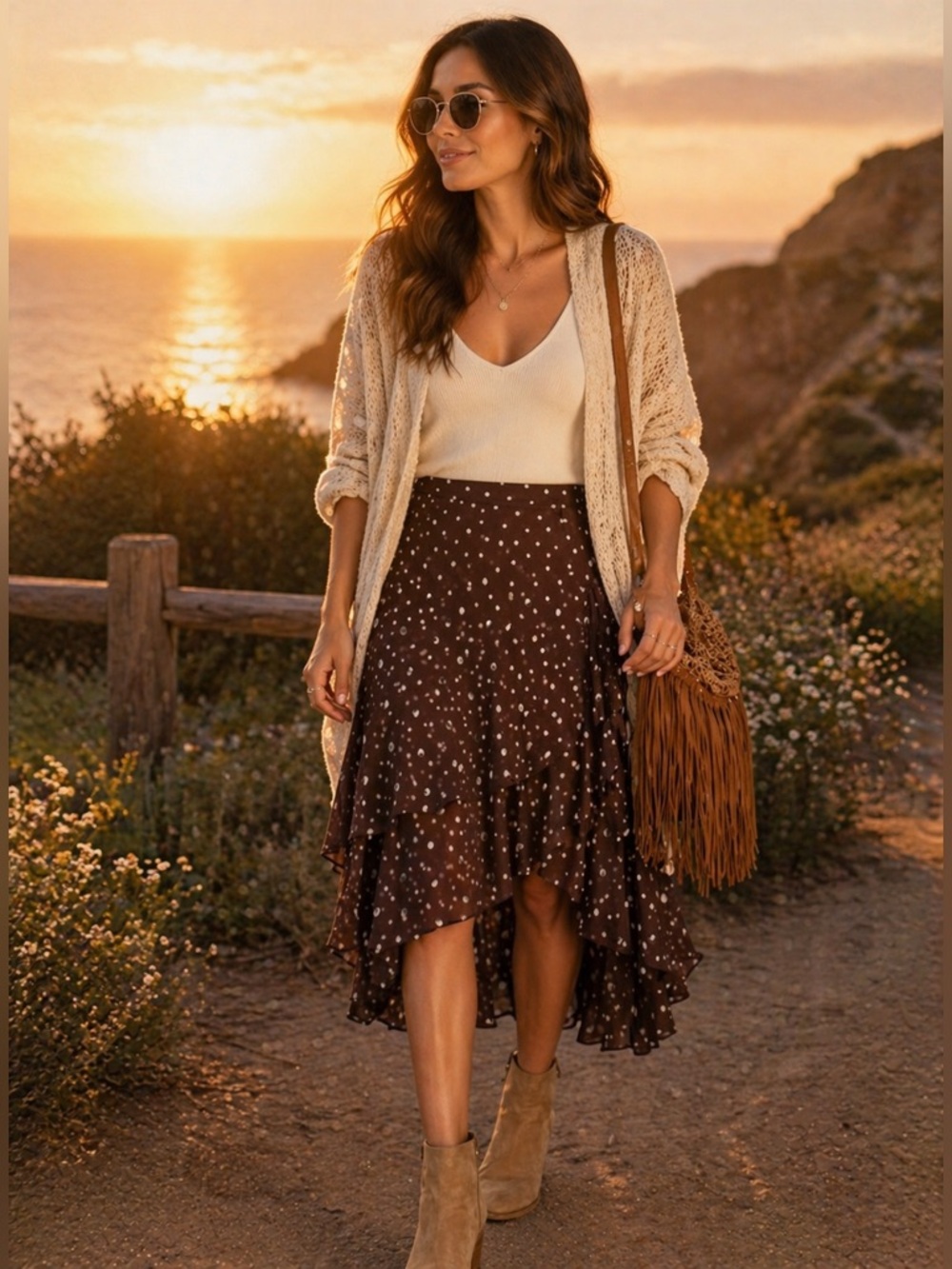 Open Edit Brown Polka Dot Layered Asymmetrical Chiffon Midi Skirt ✨